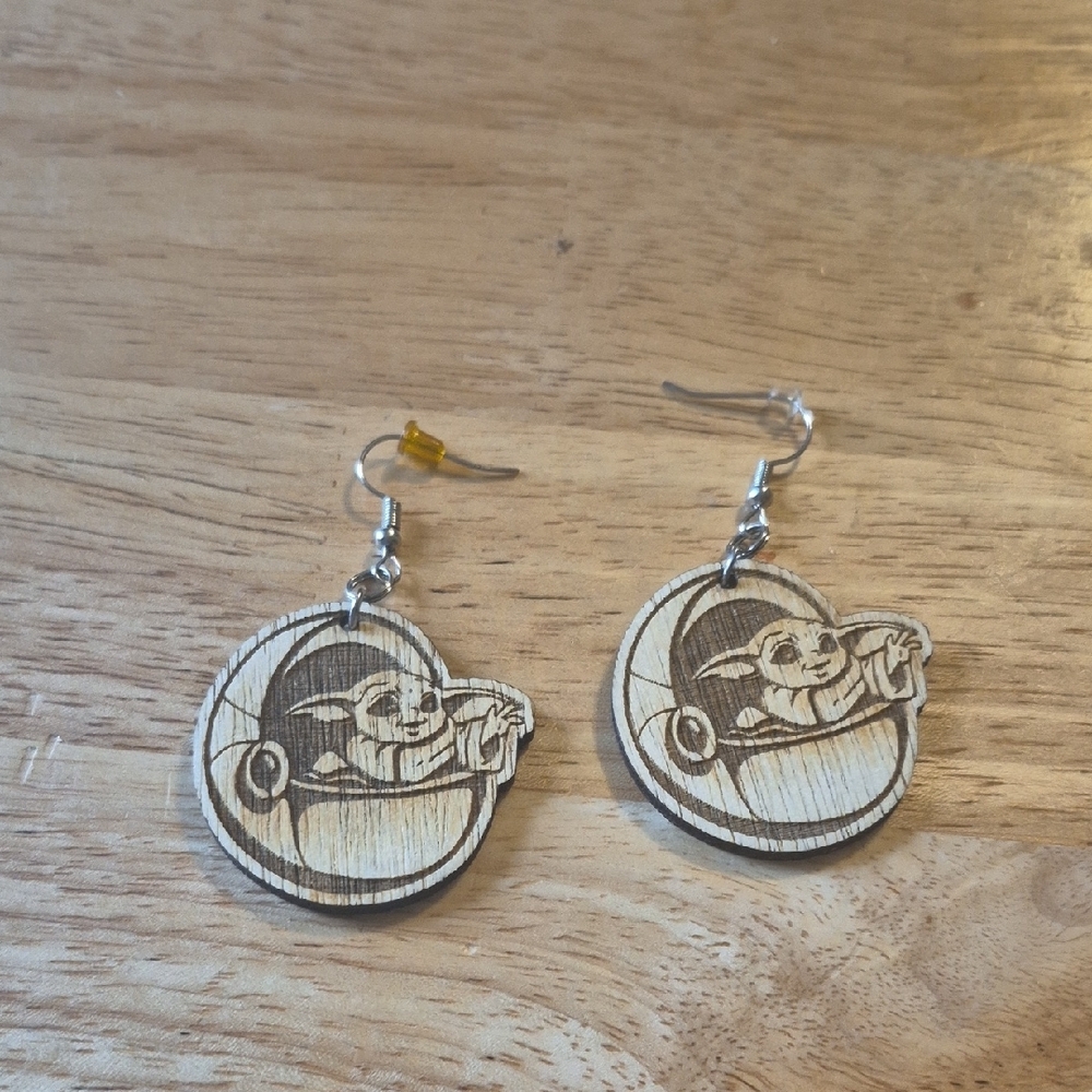 Wooden Baby Yoda Earrings